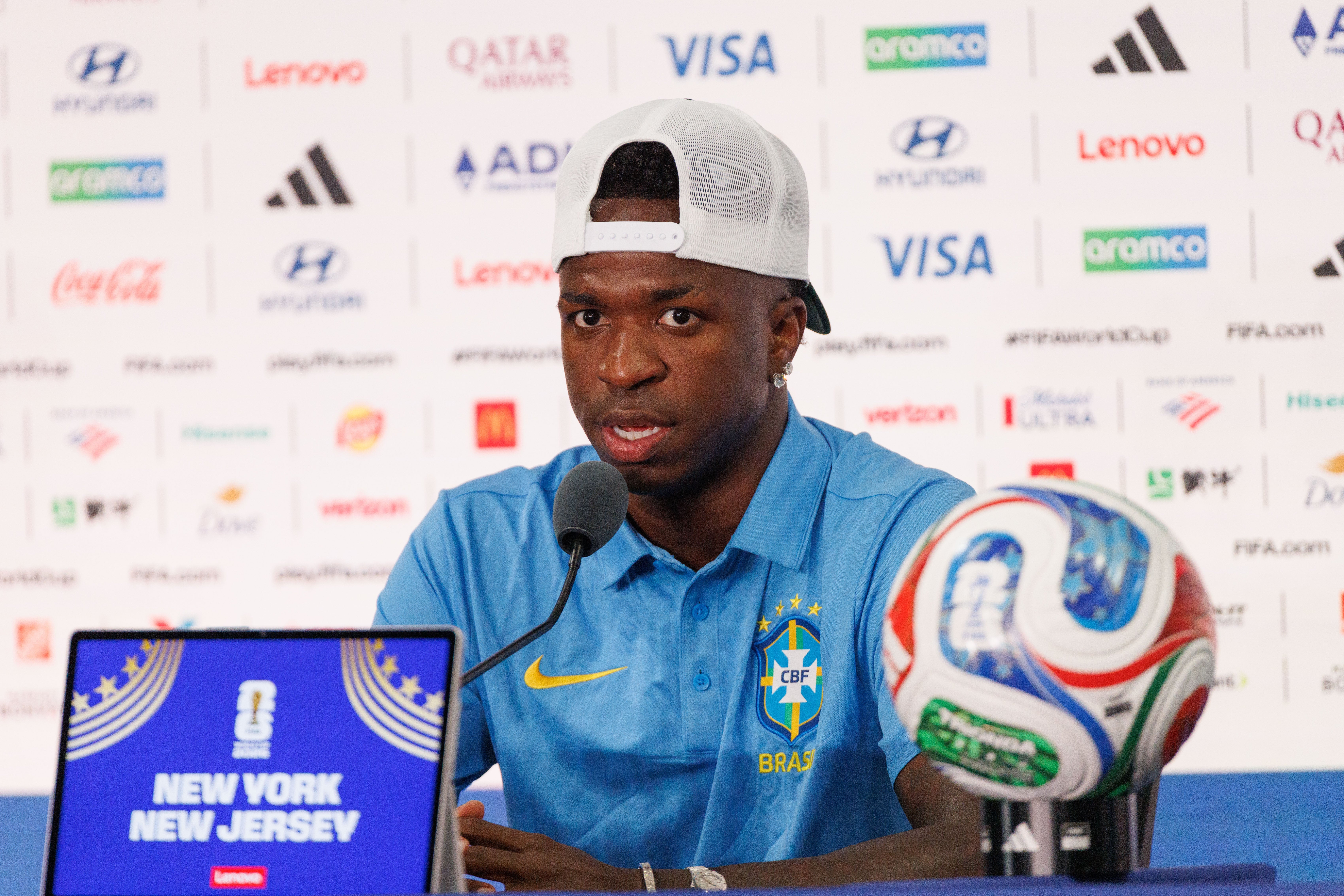 El futbolista brasileño Vinícius Jr durante la rueda de prensa previa al partido de Marruecos. El futbolista brasileño Vinícius Jr durante la rueda de prensa previa al partido de Marruecos.