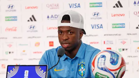 El futbolista brasileño Vinícius Jr durante la rueda de prensa previa al partido de Marruecos. El futbolista brasileño Vinícius Jr durante la rueda de prensa previa al partido de Marruecos.