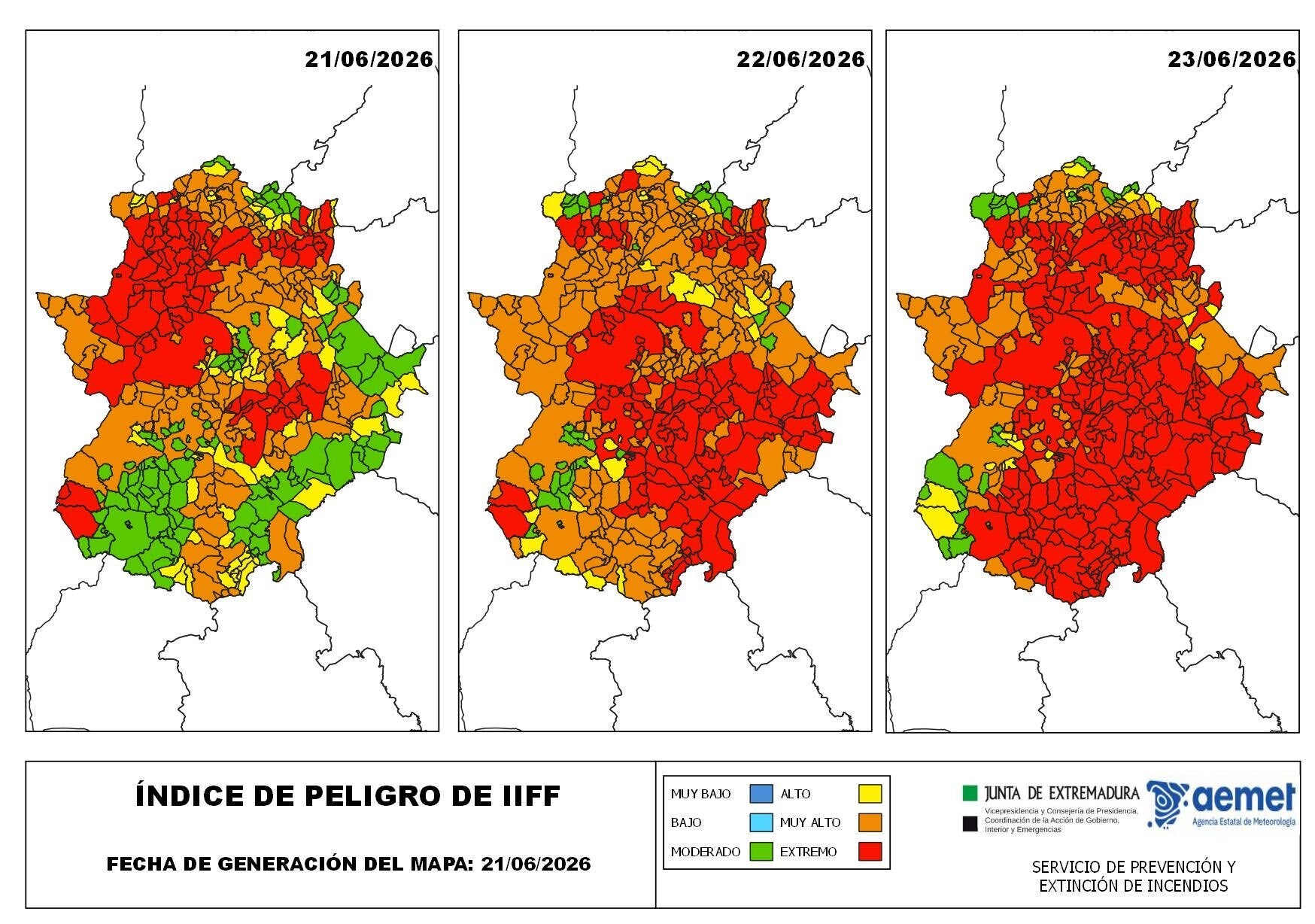 Más de 200 municipios extremeños estuvieron este domingo en riesgo extremo o muy alto de incendios forestales Más de 200 municipios extremeños estuvieron este domingo en riesgo extremo o muy alto de incendios forestales
