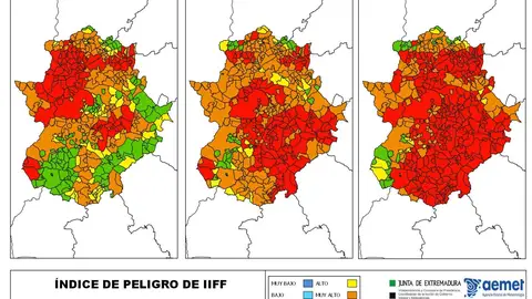 Más de 200 municipios extremeños estuvieron este domingo el riesgo extremo o muy alto de incendios forestales Más de 200 municipios extremeños estuvieron este domingo el riesgo extremo o muy alto de incendios forestales