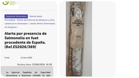 Alerta de la AESAN de la presencia de Salmonella en dos lotes de fuet procedente de España Alerta de la AESAN de la presencia de Salmonella en dos lotes de fuet procedente de España