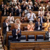 El presidente del Gobierno, Pedro Sánchez (izda), aplaude junto a los diputados de su grupo en el hemiciclo del Congreso