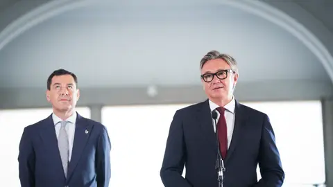 El portavoz del grupo parlamentario Vox en Andalucía, Manuel Gavira, junto al presidente en funciones de la Junta y candidato del PP-A a la reelección, Juanma Moreno El portavoz del grupo parlamentario Vox en Andalucía, Manuel Gavira, junto al presidente en funciones de la Junta y candidato del PP-A a la reelección, Juanma Moreno