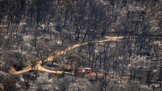 Un cami&oacute;n de bomberos circula por una zona arrasada por las llamas en la localidad de Calonge este s&aacute;bado tras el incendio forestal que comenz&oacute; ayer en La Bisbal de l'Empord&agrave; (Girona). 