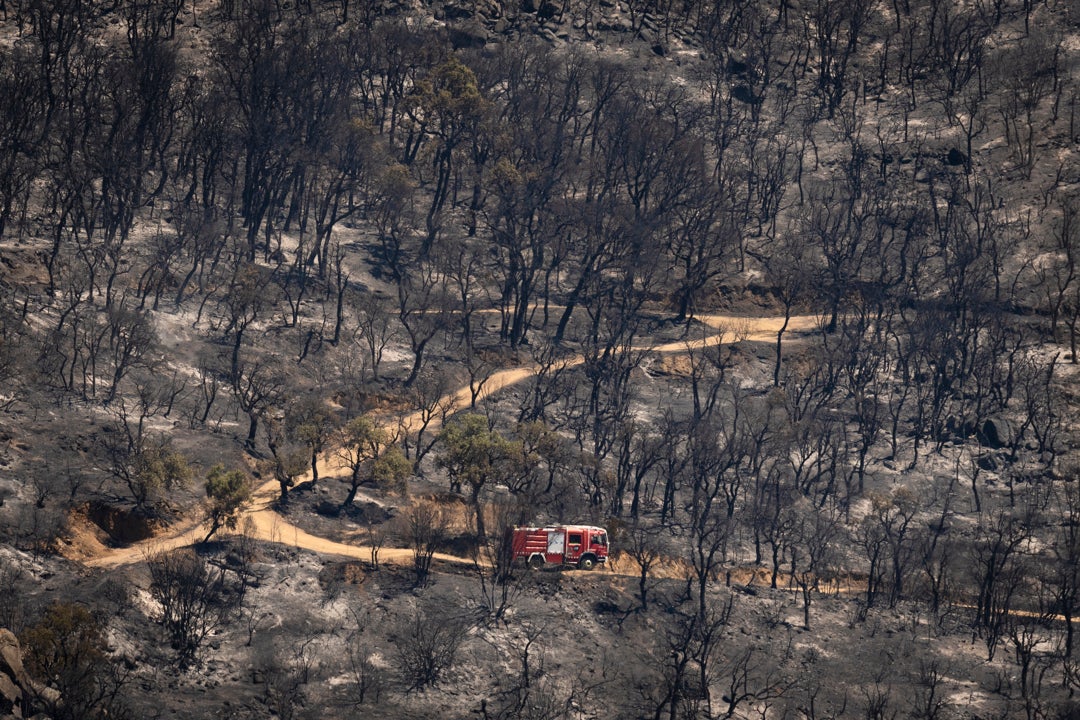 Un camión de bomberos circula por una zona arrasada por las llamas en la localidad de Calonge este sábado tras el incendio forestal que comenzó ayer en La Bisbal de l'Empordà (Girona). Un camión de bomberos circula por una zona arrasada por las llamas en la localidad de Calonge este sábado tras el incendio forestal que comenzó ayer en La Bisbal de l'Empordà (Girona).