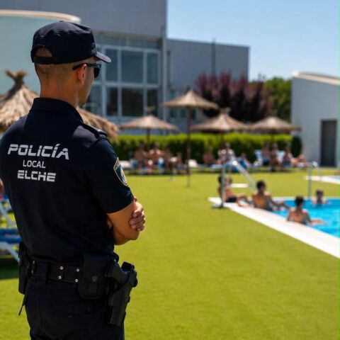 Un agente de la Policía Local de Elche en una piscina municipal.