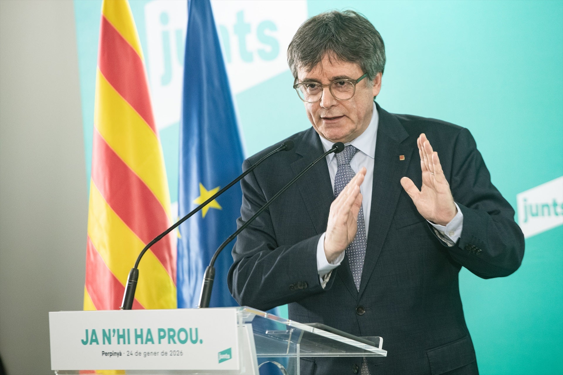 El presidente de Junts per Catalunya, Carles Puigdemont, en una rueda de prensa. El presidente de Junts per Catalunya, Carles Puigdemont, en una rueda de prensa.