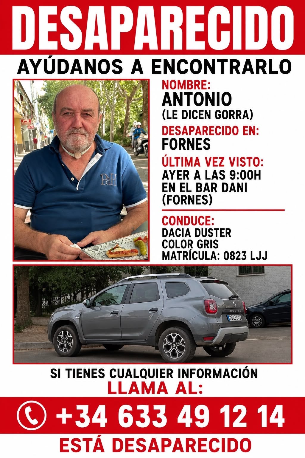 Buscan en Fornes a Antonio, conocido como "Gorra", desaparecido desde la mañana del jueves Buscan en Fornes a Antonio, conocido como "Gorra", desaparecido desde la mañana del jueves