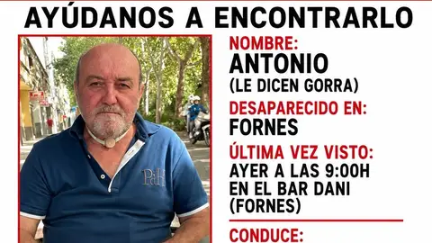 Buscan en Fornes a Antonio, conocido como "Gorra", desaparecido desde la mañana del jueves Buscan en Fornes a Antonio, conocido como "Gorra", desaparecido desde la mañana del jueves