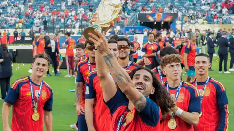 Marc Cucurella sostiene el trofeo de la Copa del Mundo junto al resto de compañeros de la Selección Marc Cucurella sostiene el trofeo de la Copa del Mundo junto al resto de compañeros de la Selección