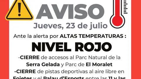 La Marina Baixa afronta una jornada de calor extremo con avisos por altas temperaturas y tormentas La Marina Baixa afronta una jornada de calor extremo con avisos por altas temperaturas y tormentas