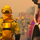Un bombero forestal de la GVA en en Incendio forestal de La VallDUixó 