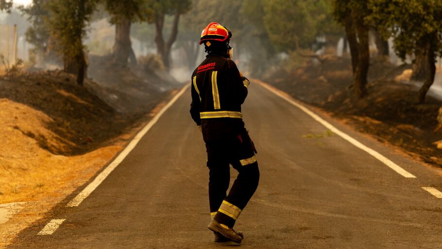 Un bombero trabaja en las labores de extinci&oacute;n del incendio forestal de San Mart&iacute;n de Valdeiglesias