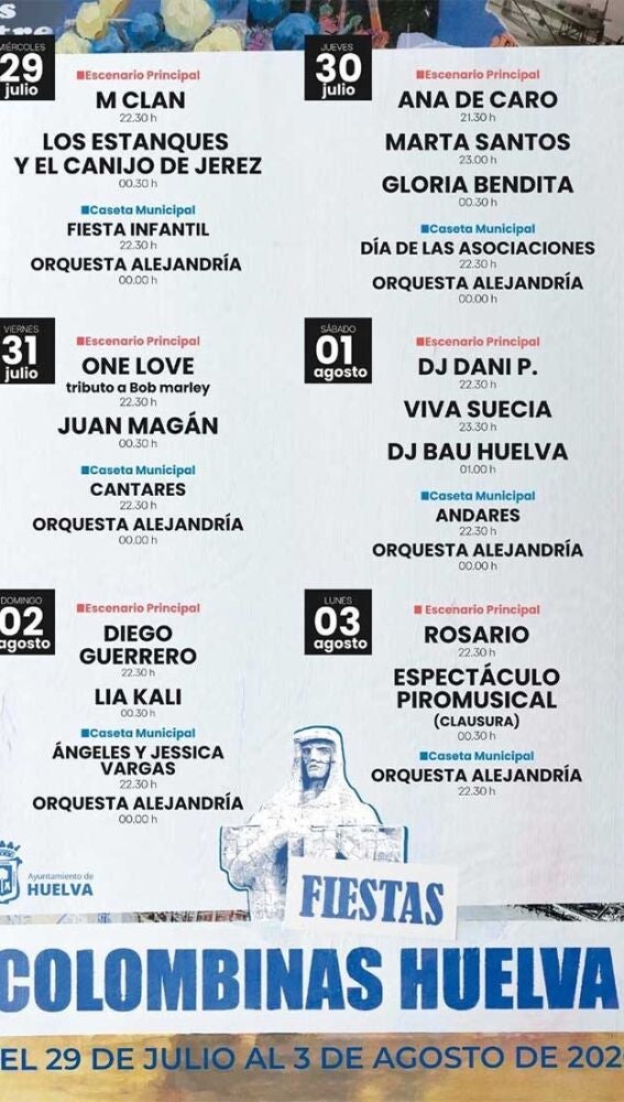 Programa de los conciertos gratuitos en las Fiestas Colombinas 2026.