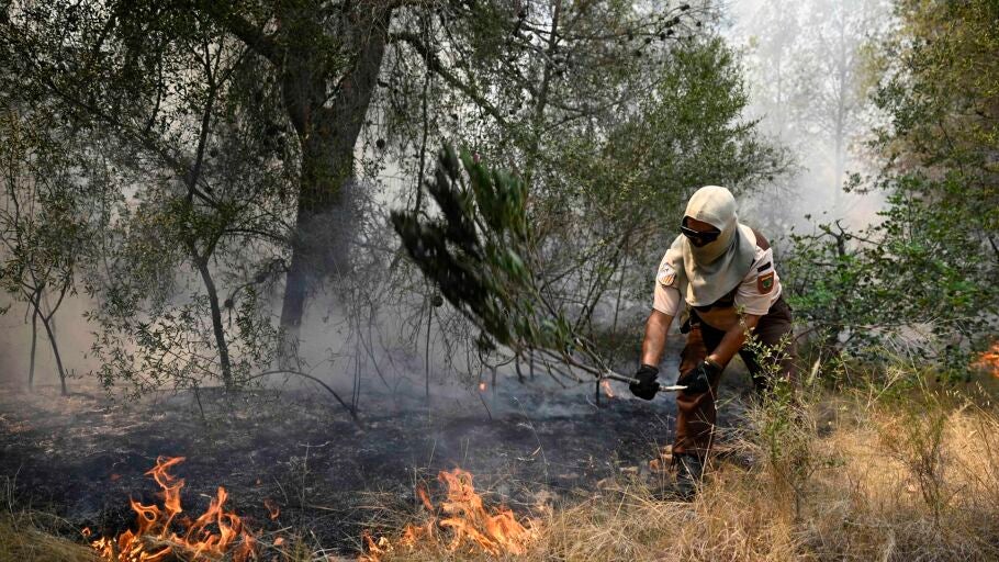 Efectivos de bomberos trabajan en Betx&iacute; (Castell&oacute;n), uno de los municipios afectados por el incendio declarado en la Vall d'Uix&oacute; (Castell&oacute;n).