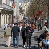 People seen walking along the sidewalks of Gran Via Street located in downtown. Madrid is a city renowned for its historical heritage, vibrant tourism scene, and diversity establishing it as one of the continent's leading cities.