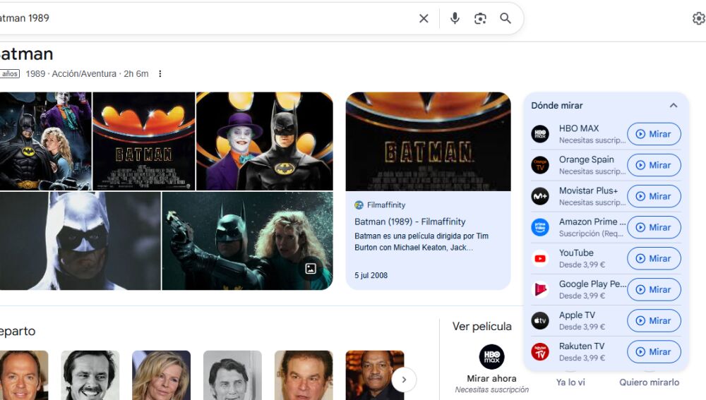 Búsqueda de Batman (1989) en Google