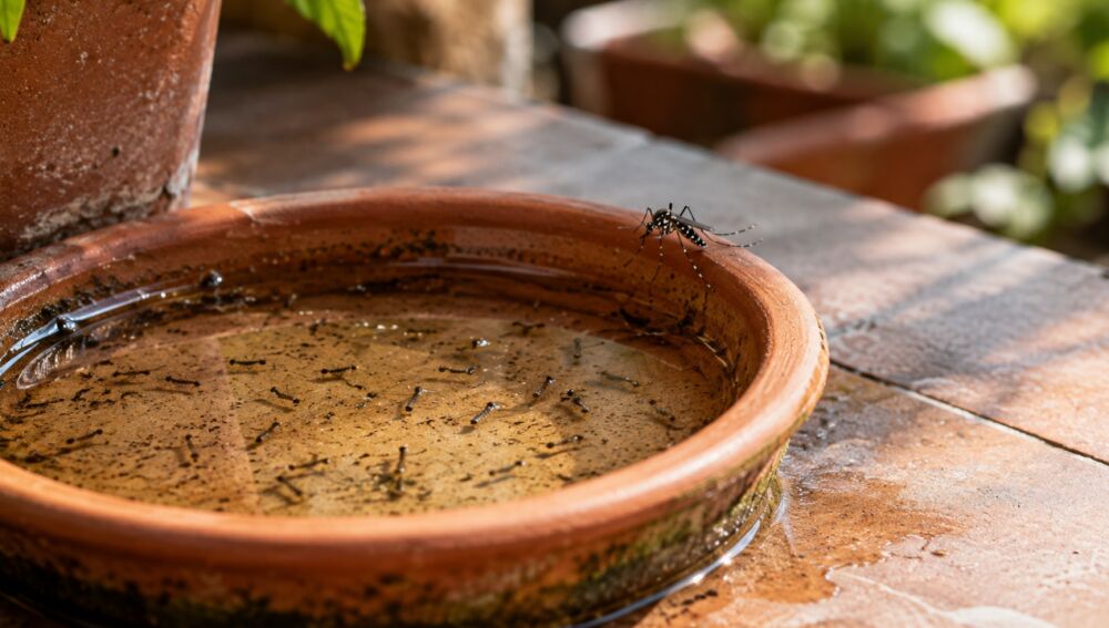 Imatge del plat d'un test ple d'aigua, que és el focus de cria dels mosquits