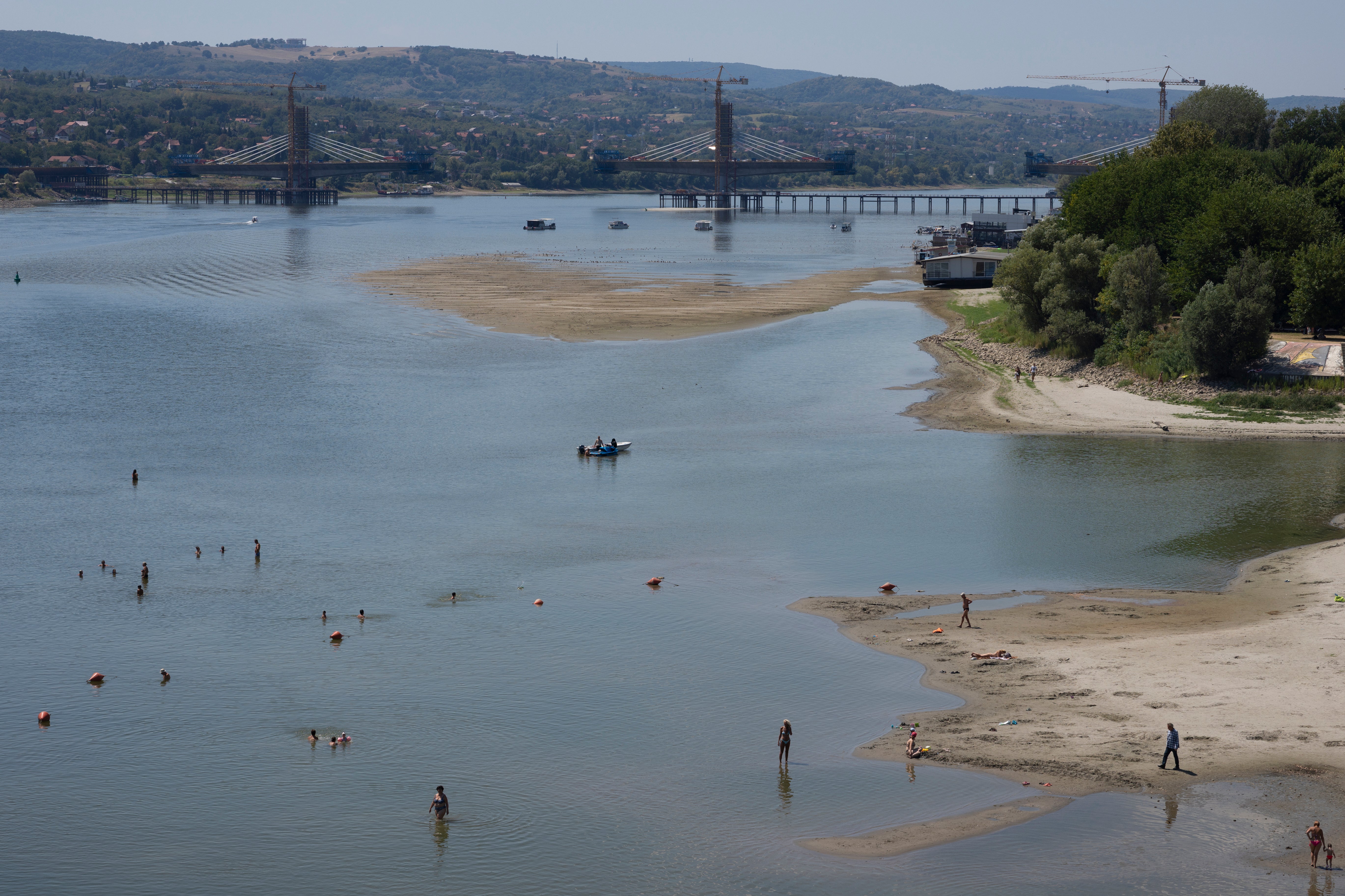 A changed shoreline at Strand Beach on the Danube River following a drop in water levels during hot weather in Novi Sad, Serbia, on August 4, 2026. A changed shoreline at Strand Beach on the Danube River following a drop in water levels during hot weather in Novi Sad, Serbia, on August 4, 2026.