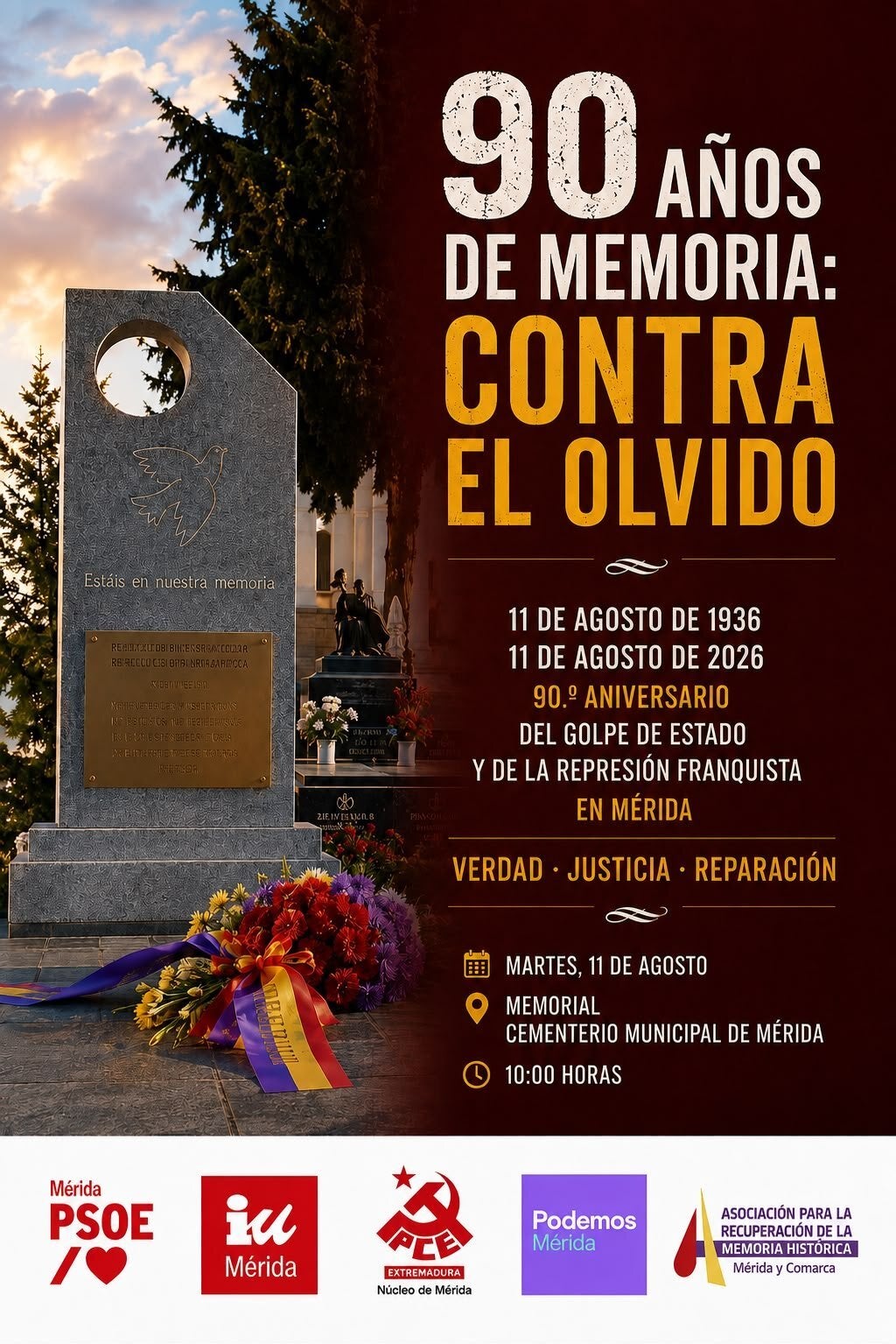 Unidas por Mérida despliega tres pancartas para reivindicar memoria y democracia por los 90 años de la toma de la ciudad Unidas por Mérida despliega tres pancartas para reivindicar memoria y democracia por los 90 años de la toma de la ciudad