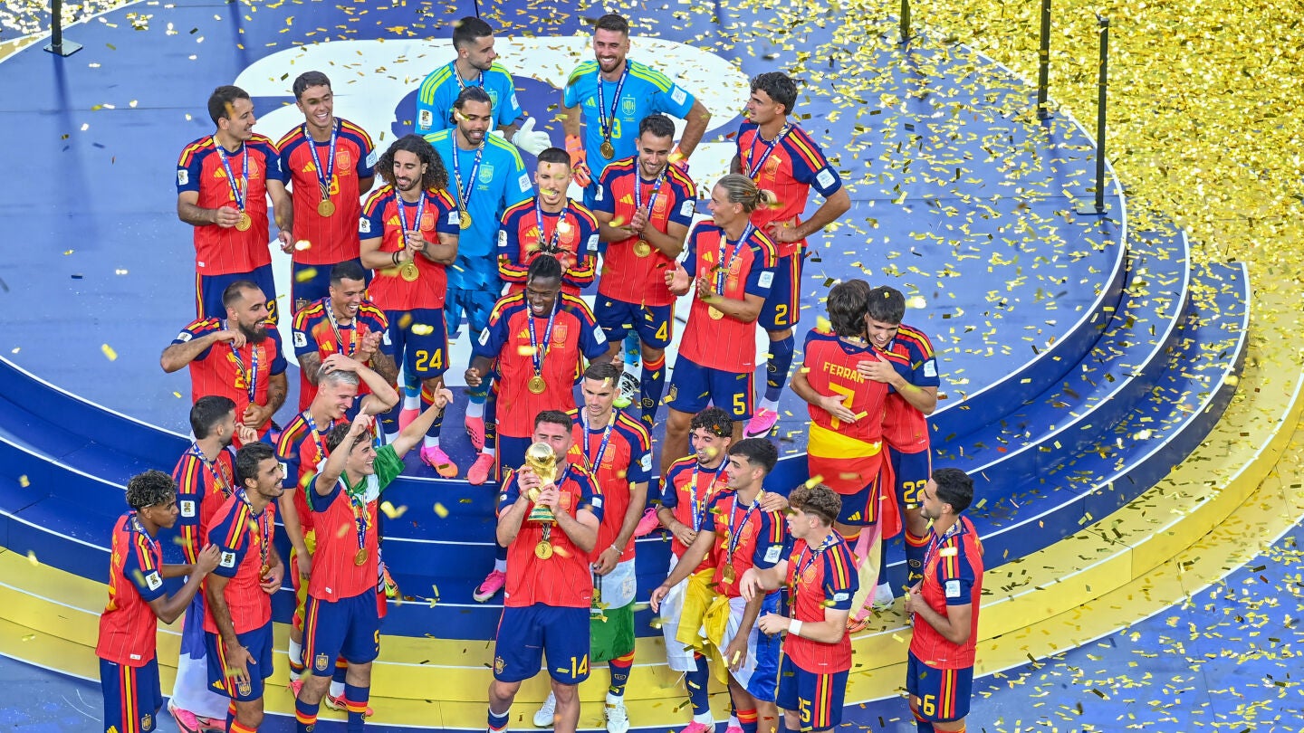 Aymeric Laporte of Spain celebrates with the trophy and his teammates after the 2026 FIFA World Cup final match between Spain and Argentina at the New York New Jersey Stadium in East Rutherford, New Jersey, on July 19, 2026. 
