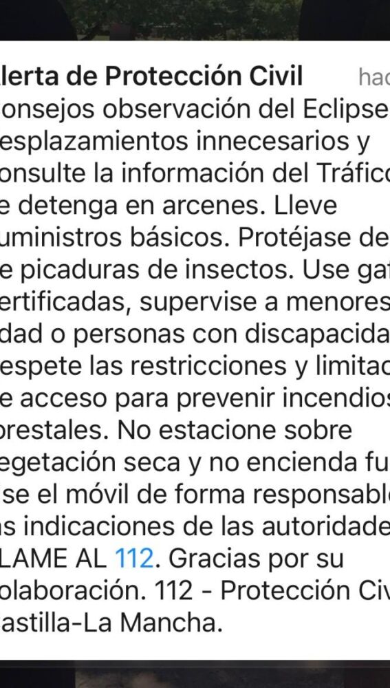 El Es Alert enviado a todos los móviles en Castilla-La Mancha con "consejos" sobre el eclipse.