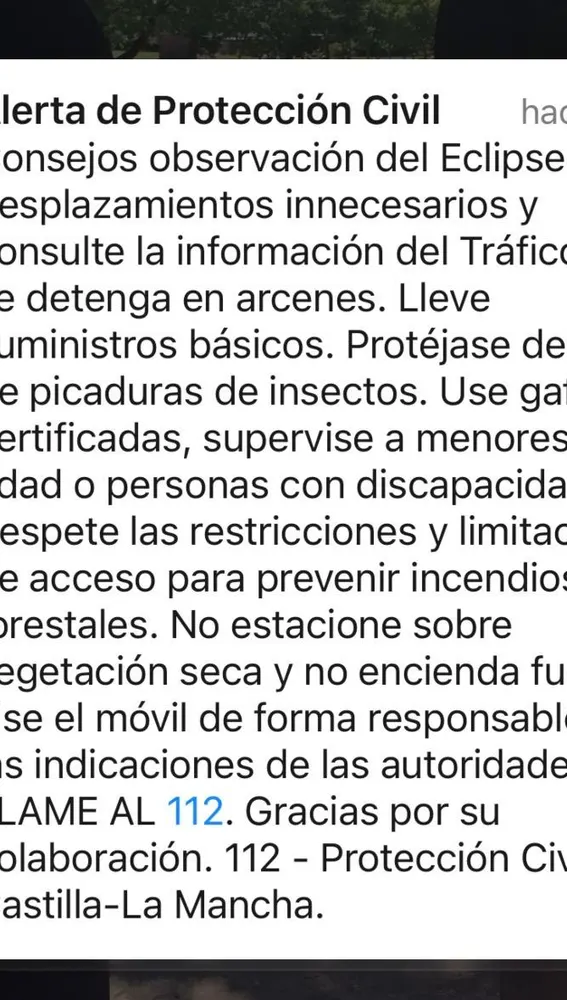 El Es Alert enviado a todos los móviles en Castilla-La Mancha con "consejos" sobre el eclipse. El Es Alert enviado a todos los móviles en Castilla-La Mancha con "consejos" sobre el eclipse.