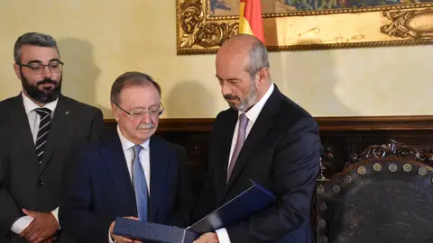 The President of the Senate, Pedro Rollan (right), is welcomed by the President of Ceuta, Juan Jesus Vivas (left), at the Assembly Palace on 14 August 2026 in Ceuta, Spain. The President of the Senate, Pedro Rollan (right), is welcomed by the President of Ceuta, Juan Jesus Vivas (left), at the Assembly Palace on 14 August 2026 in Ceuta, Spain.
