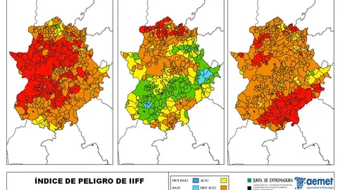 Casi la totalidad del territorio extremeño permanecerá este lunes bajo riesgo extremo y muy alto por incendios forestales Casi la totalidad del territorio extremeño permanecerá este lunes bajo riesgo extremo y muy alto por incendios forestales