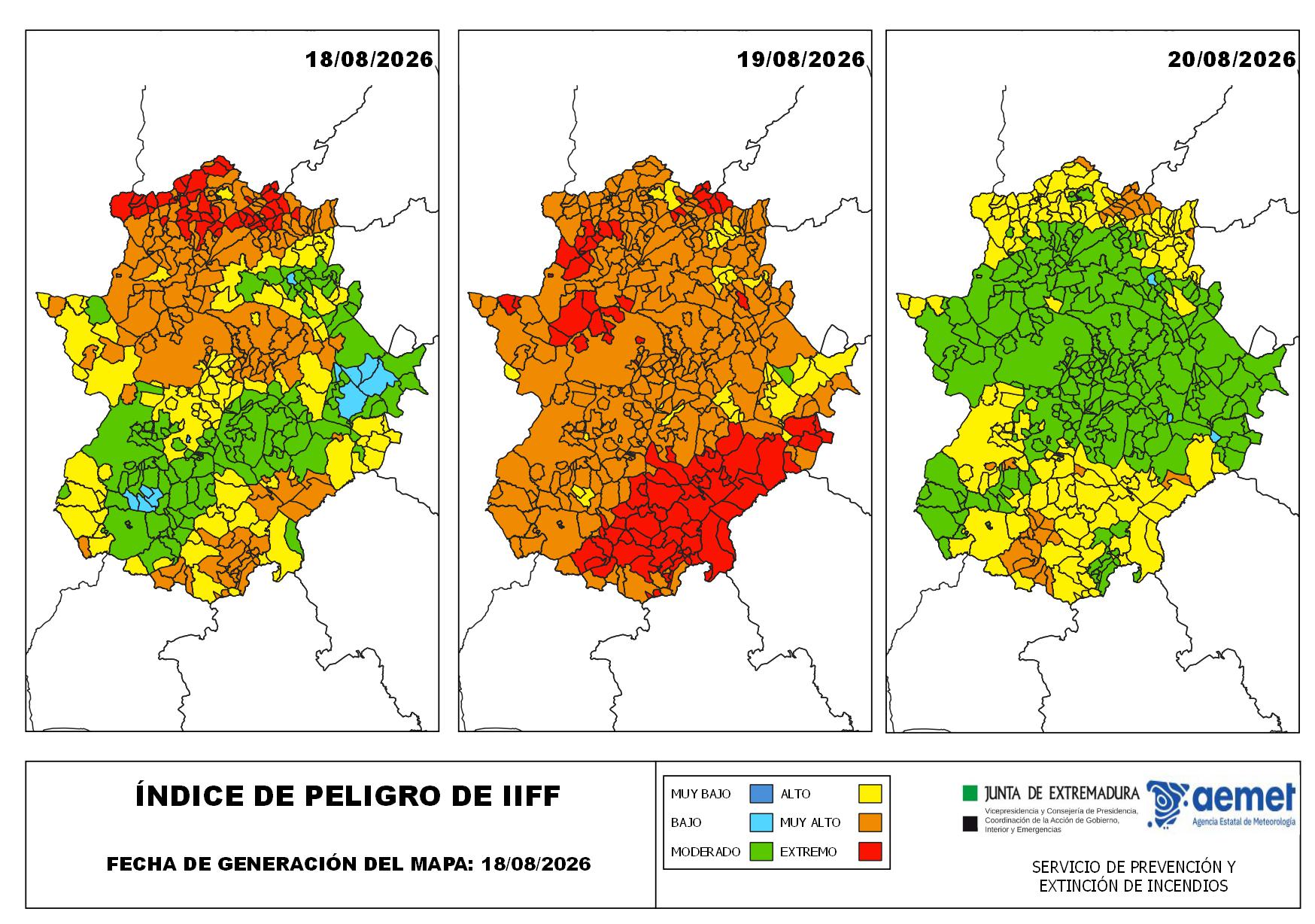 Gran parte de Extremadura permanecerá hoy bajo riesgo moderado, alto y muy alto con puntos en el norte cacereño en riesgo extremo Gran parte de Extremadura permanecerá hoy bajo riesgo moderado, alto y muy alto con puntos en el norte cacereño en riesgo extremo