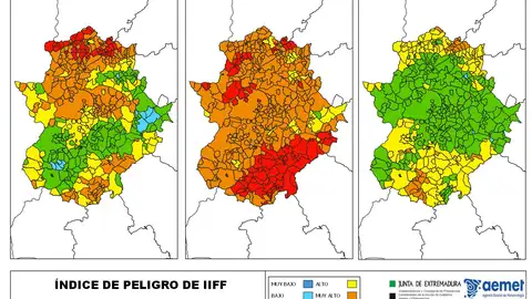Gran parte de Extremadura permanecerá hoy bajo riesgo moderado, alto y muy alto con puntos en el norte cacereño en riesgo extremo Gran parte de Extremadura permanecerá hoy bajo riesgo moderado, alto y muy alto con puntos en el norte cacereño en riesgo extremo
