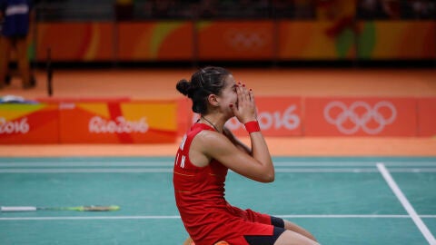 Carolina Marin of Spain reacts after winning against Pusarla V. Sindhu of India during the Women's Singles Gold Medal Badminton Match on Day 14 of the Rio 2016 Olympic Games at Riocentro - Pavilion 4 on August 19, 2016 in Rio de Janeiro, Brazil. Carolina Marin of Spain reacts after winning against Pusarla V. Sindhu of India during the Women's Singles Gold Medal Badminton Match on Day 14 of the Rio 2016 Olympic Games at Riocentro - Pavilion 4 on August 19, 2016 in Rio de Janeiro, Brazil.
