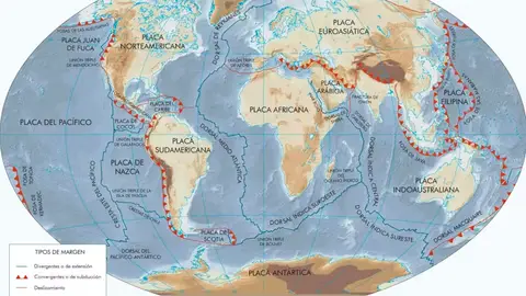 Placas tectónicas en las que se divide la corteza terrestre, la capa más superficial del planeta. Placas tectónicas en las que se divide la corteza terrestre, la capa más superficial del planeta.