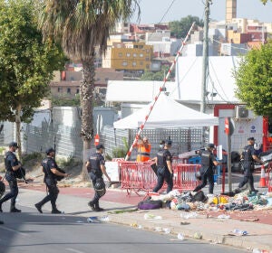 The police clear the migrant camp at Loma Colmenar on 31 August 2026 in Ceuta, Spain.