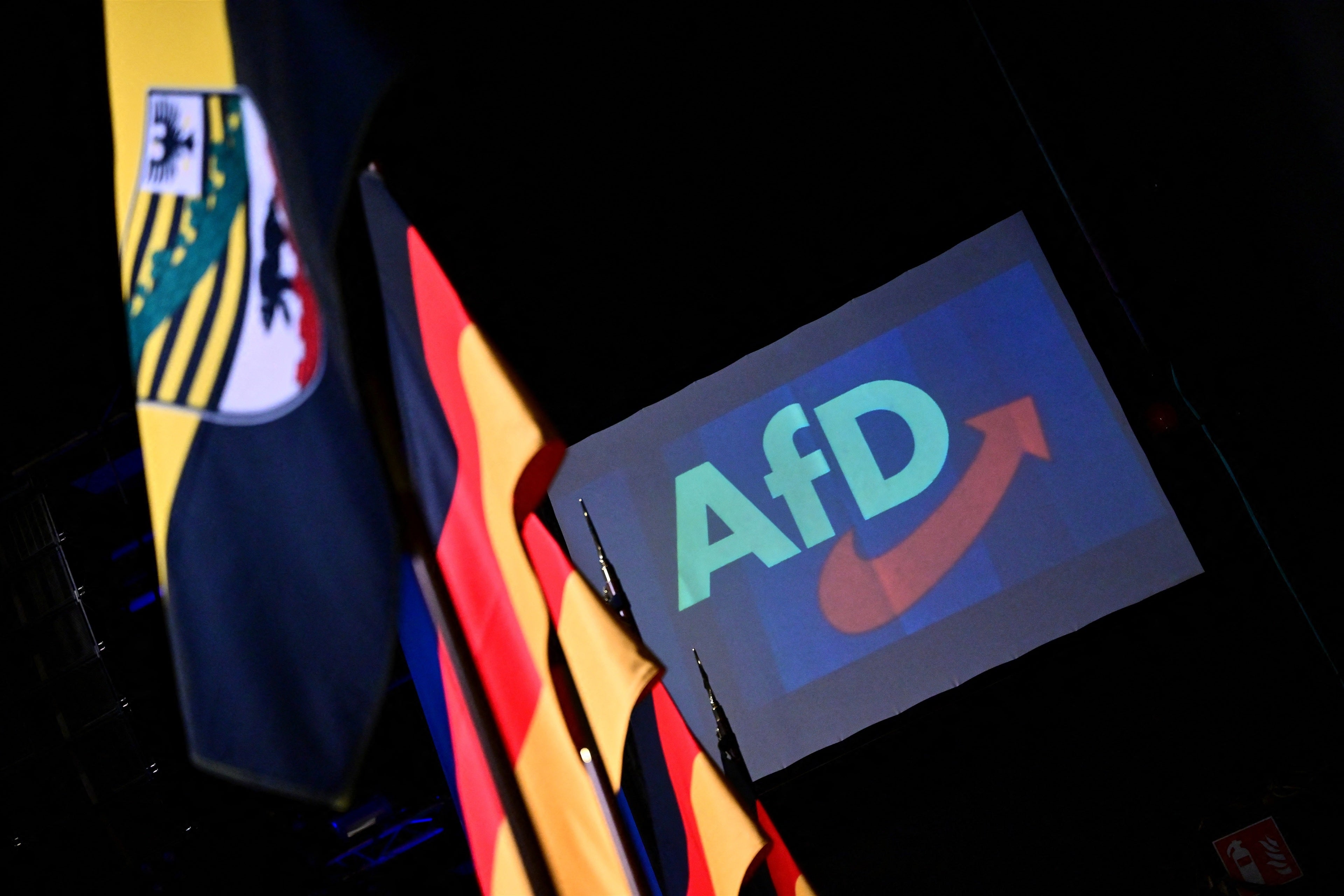 Banderas alemanas y la bandera estatal de Sajonia-Anhalt (izquierda) se ven junto al logotipo de la AfD Banderas alemanas y la bandera estatal de Sajonia-Anhalt (izquierda) se ven junto al logotipo de la AfD