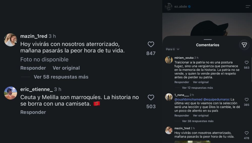Algunos de los insultos recibidos por Ez Abde tras mostrar su apoyo a Ceuta.