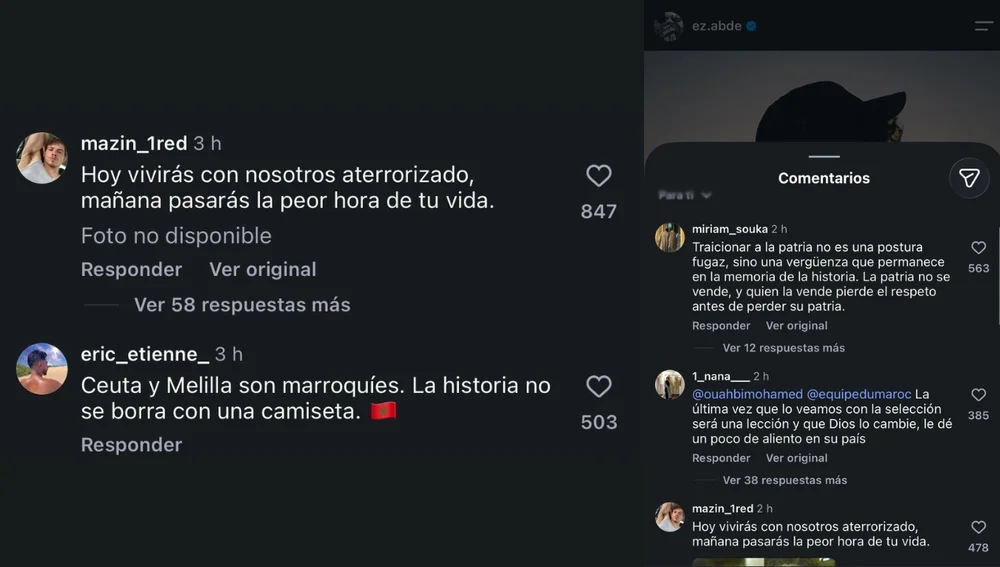 Algunos de los insultos recibidos por Ez Abde tras mostrar su apoyo a Ceuta. Algunos de los insultos recibidos por Ez Abde tras mostrar su apoyo a Ceuta.