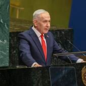 El primer ministro israelí, Benjamin Netanyahu, durante su intervención en la Asamblea General de la ONU