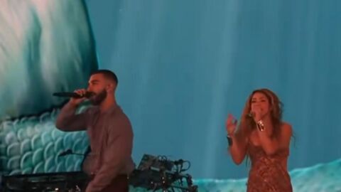 Shakira y Manuel Turizo, en el sexto concierto de Shakira en Madrid.