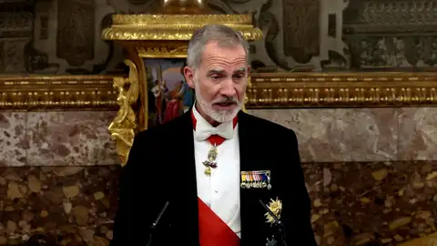 El rey Felipe VI ofrece un discurso en el Palacio Real durante la cena de gala con motivo de la visita de Emmanuel Macron El rey Felipe VI ofrece un discurso en el Palacio Real durante la cena de gala con motivo de la visita de Emmanuel Macron