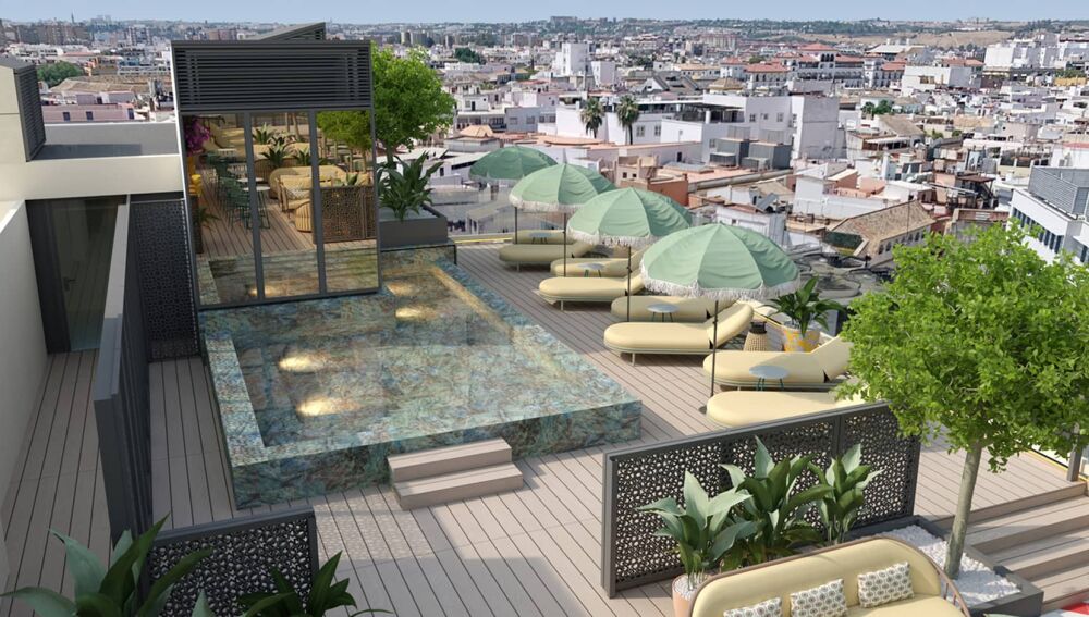 Imagen del fabuloso rooftop del nuevo hotel Fenix Sevilla by Vibra