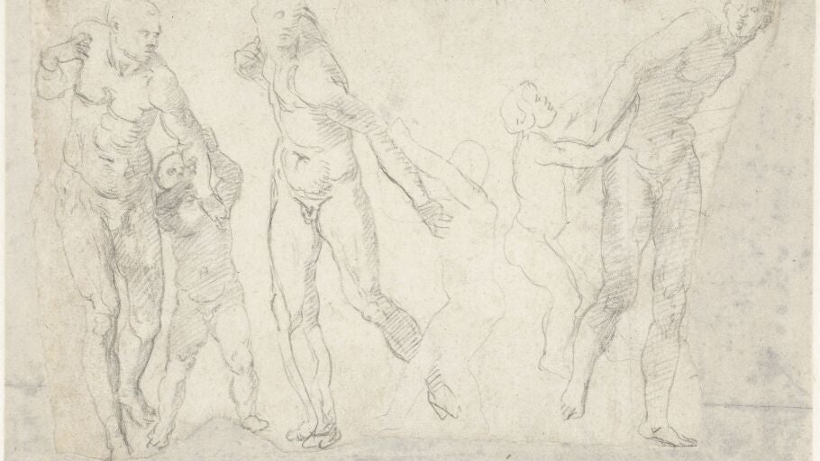 Tres estudios de un hombre al que un ni&ntilde;o tira del brazo. Dibujante: Daniele da Volterra (1519-1566).