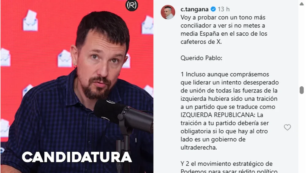 C. Tangana responde al ex líder de Podemos, Pablo Iglesias C. Tangana responde al ex líder de Podemos, Pablo Iglesias