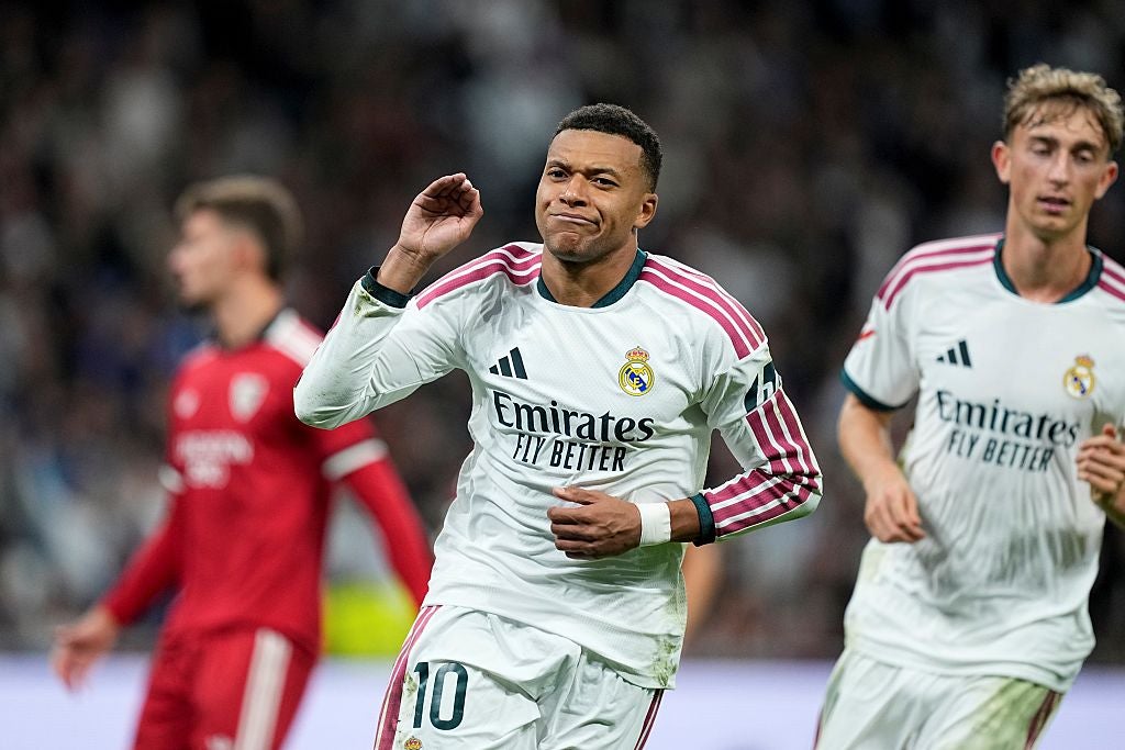 Mbappé celebra su gol al Leipzig en el Bernabéu Mbappé celebra su gol al Leipzig en el Bernabéu