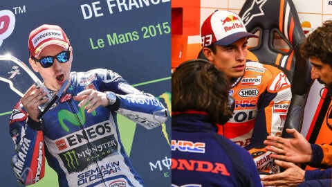 Lorenzo celebra su triunfo en Le Mans mientras M&aacute;rquez habla con sus ingenieros