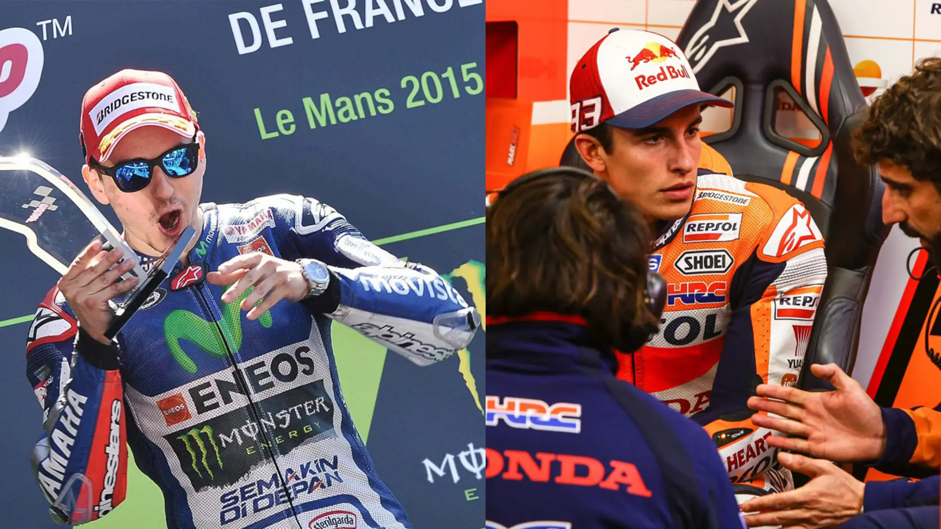 Lorenzo celebra su triunfo en Le Mans mientras Márquez habla con sus ingenieros