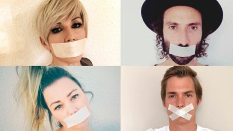 Artistas con la boca tapada en se&ntilde;al de protesta