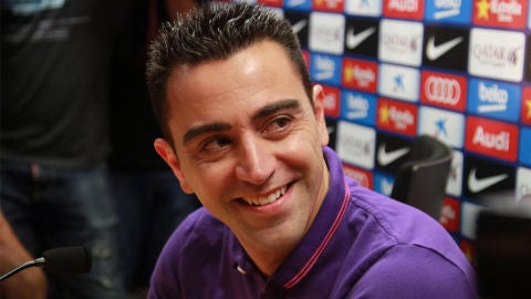 Xavi en la rueda de prensa anunciando su salida del Barcelona