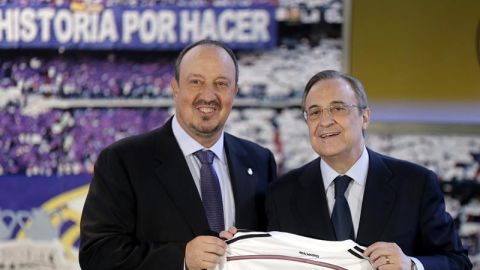 Rafa Ben&iacute;tez junto a Florentino P&eacute;rez en su presentaci&oacute;n