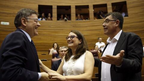 Ximo Puig, M&oacute;nica Oltra y Enric Morera